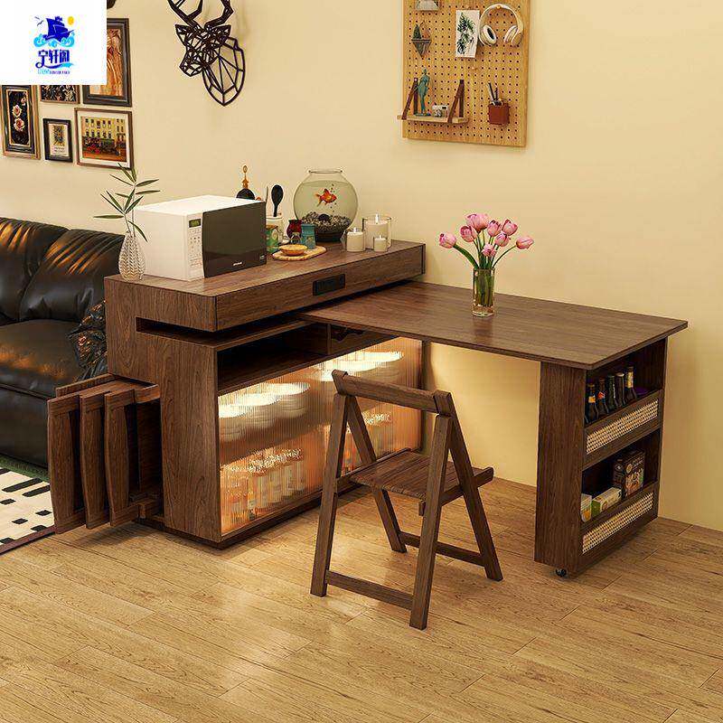 实木胡桃色中古旋转台餐桌一体风伸缩小户型岛餐边无品牌/柜吧可