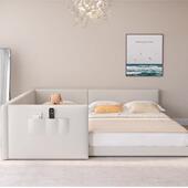 子母床接大床亲拼子榻榻米床二胎家庭奶油风加宽护栏床床RRD绢床