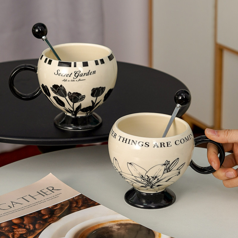 典雅高级感陶瓷高脚大肚马克杯带勺商用招待客人情侣下午茶咖啡杯,餐饮具,马克杯,淘宝优惠券,粉丝福利购,淘宝优惠卷