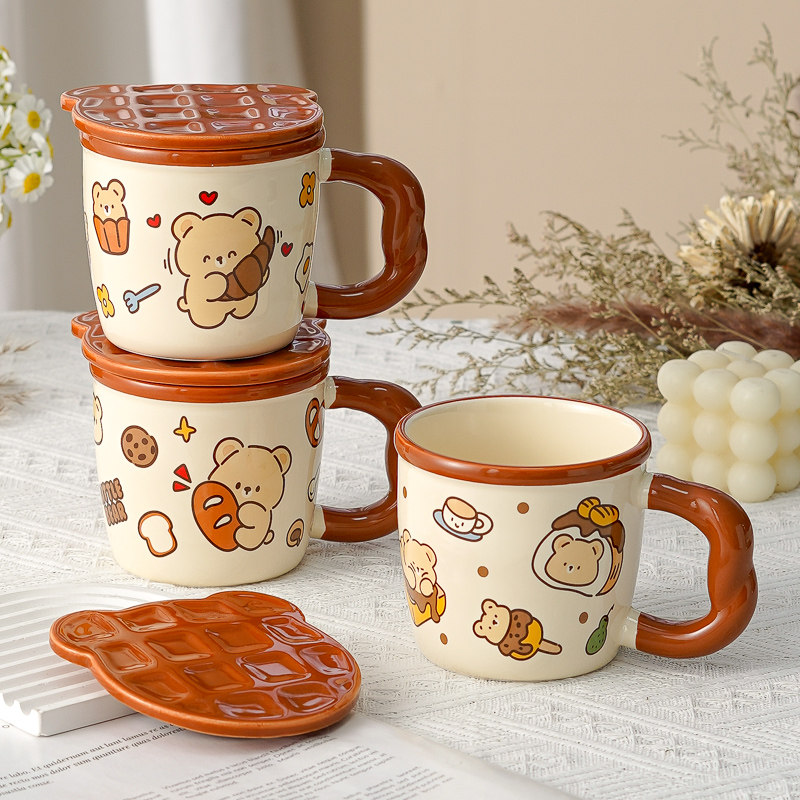 陶瓷小熊马克杯带盖子早餐杯情侣耐高温可微波炉加热超好看颜值高,餐饮具,马克杯,淘宝优惠券,粉丝福利购,淘宝优惠卷