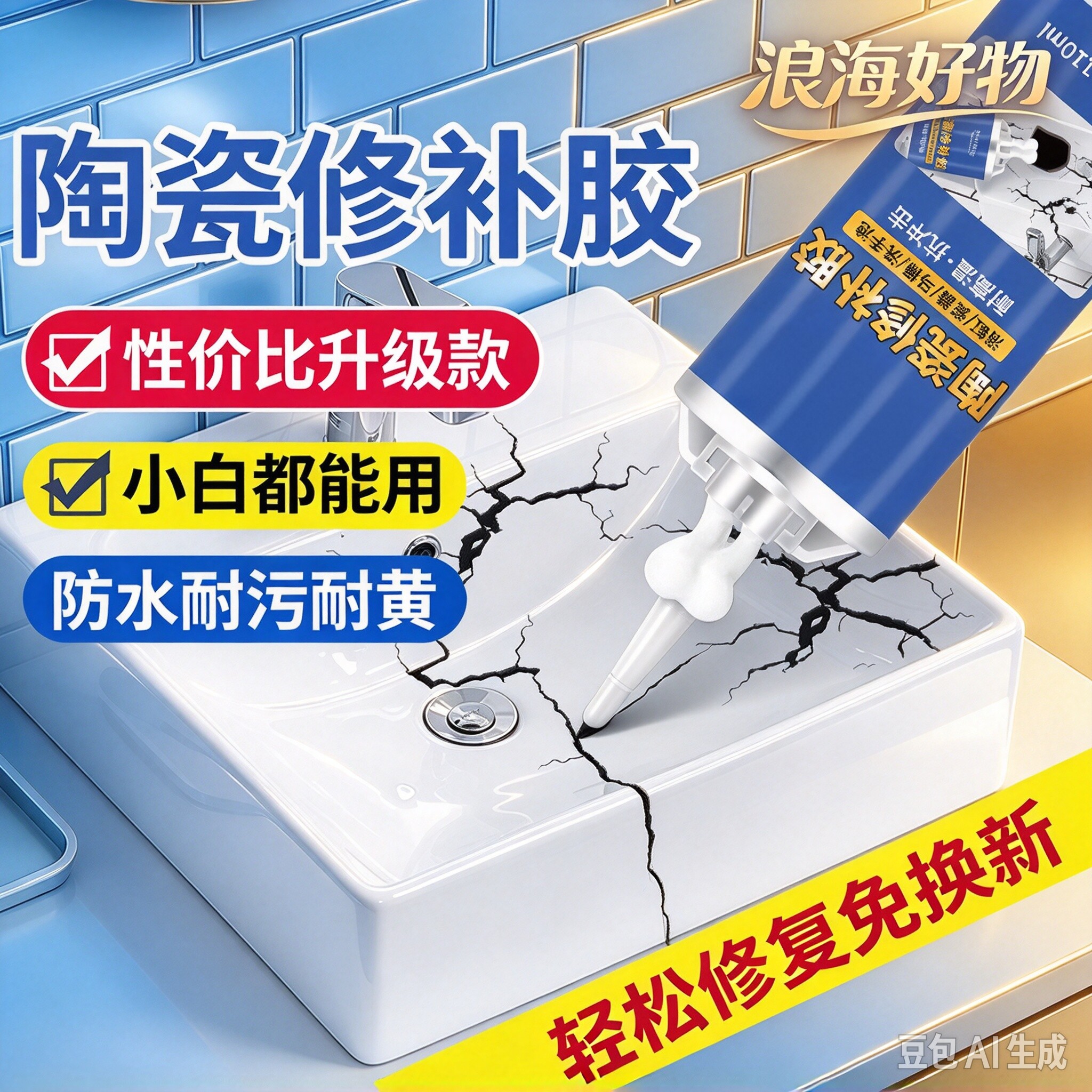 陶瓷修补胶白色洗脸盆裂缝破损大理石洗手台马桶坑洞堵漏瓷砖胶RR
