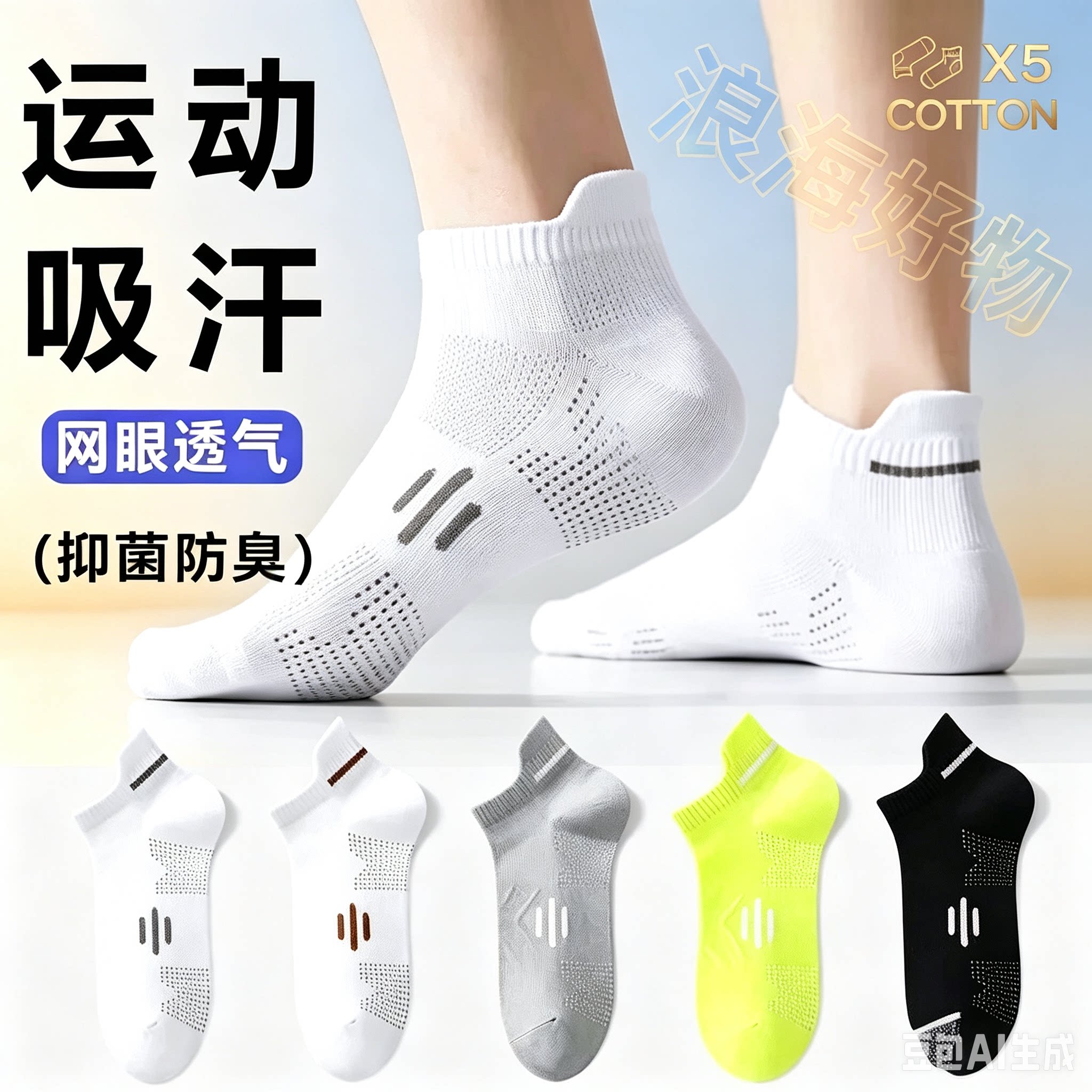 【十双装】春夏男女同款运动袜子防臭棉袜吸汗吸湿网眼提耳短袜RR