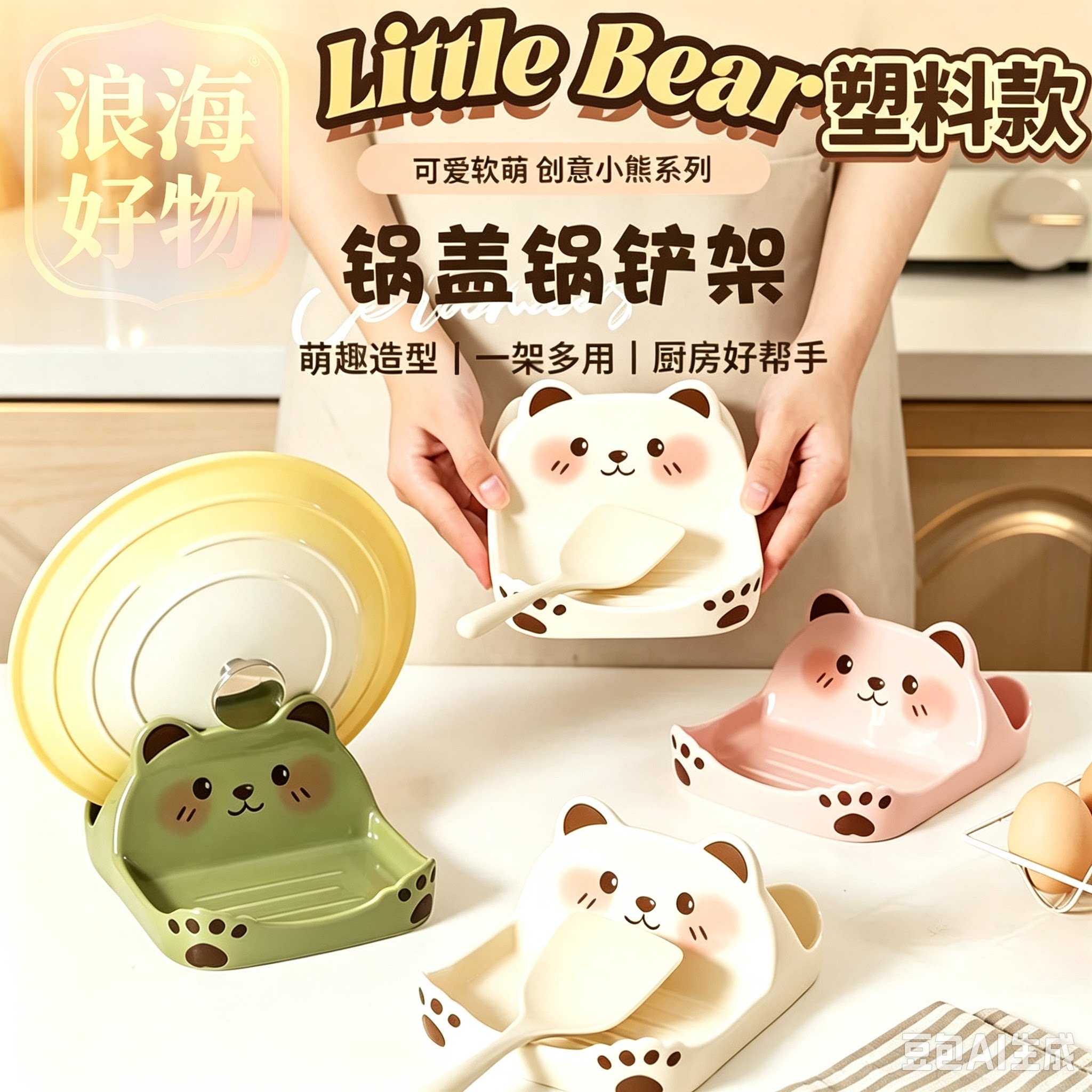 卡通小熊锅盖架台式锅铲架厨房台面锅盖砧板收纳创意置物架RR