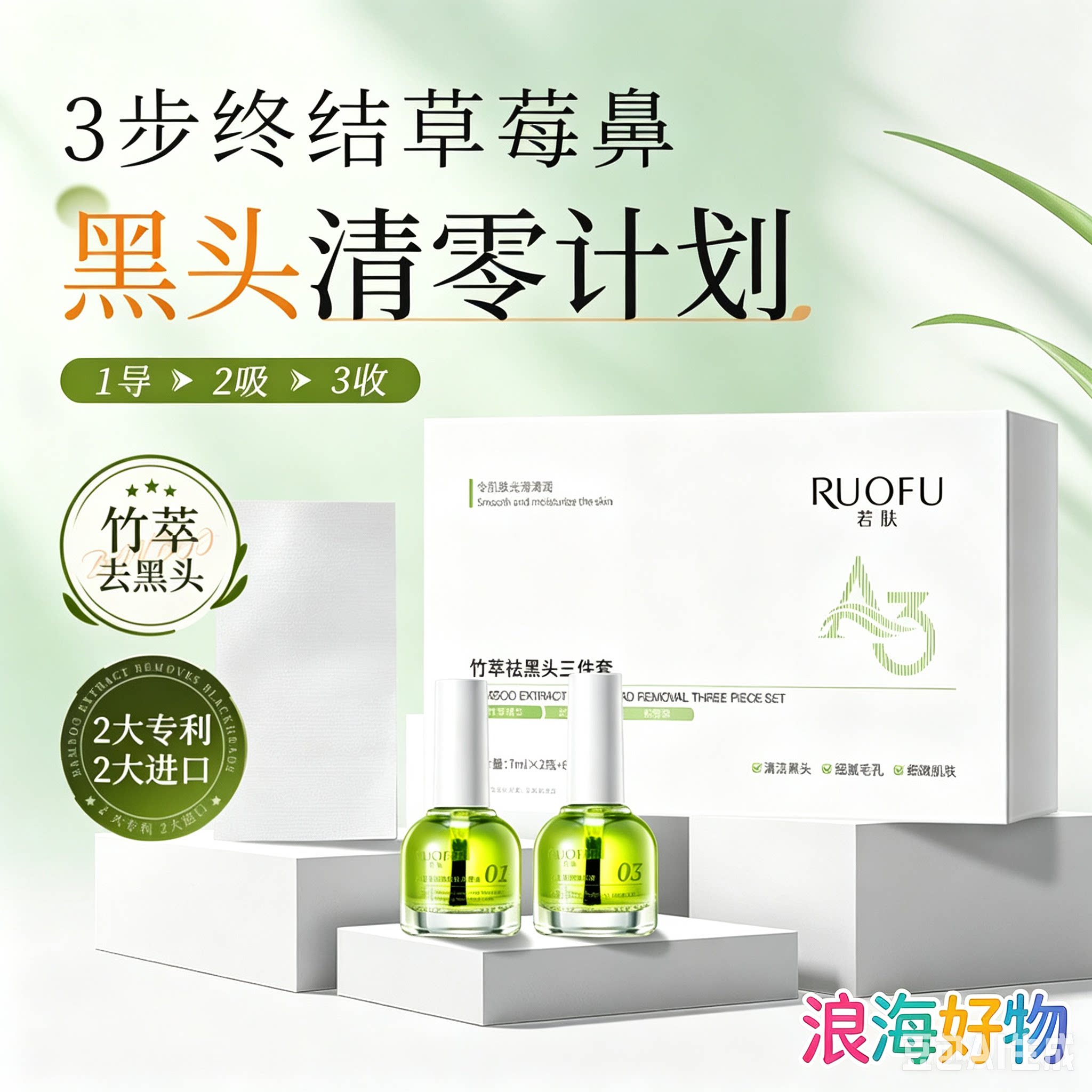 若肤竹萃祛黑头鼻贴三件套温和清洁去黑头闭口粉刺鼻膜贴HQ