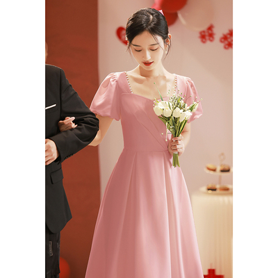 快速发货粉色小晚礼服日常可穿年会缎面伴娘服订婚连X衣裙领证生