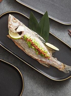 快速发货优格手绘乌金砂椭圆盘黑色磨砂陶瓷鱼盘西V餐厅分子料理