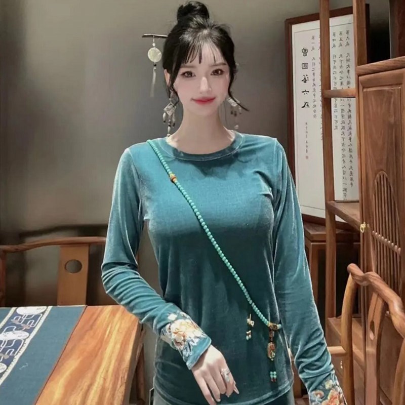 现货速发金丝绒上衣新中式国风t恤刺绣圆领大码黑色内搭打底衫长