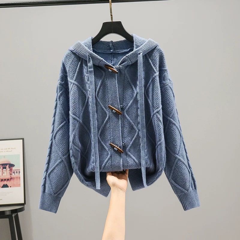 【爆米花专享】韩版宽松纯色长袖连帽衫牛角扣针织衫外套开衫1108