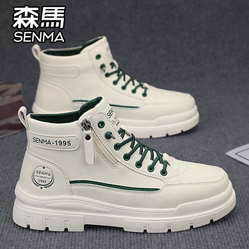 森马马丁靴男鞋春季高帮英伦风复古白色皮鞋真皮防水增高工装靴子
