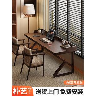 加挡板电脑桌中古风长条桌子家用办公桌工作台 全实木书桌2025新款