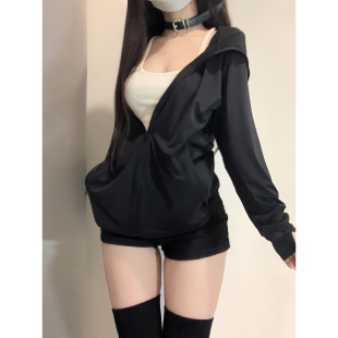 薄款 黑色冰絲防曬衣女夏季 寬松連帽運(yùn)動(dòng)服戶(hù)外遮陽(yáng)外套透氣百搭