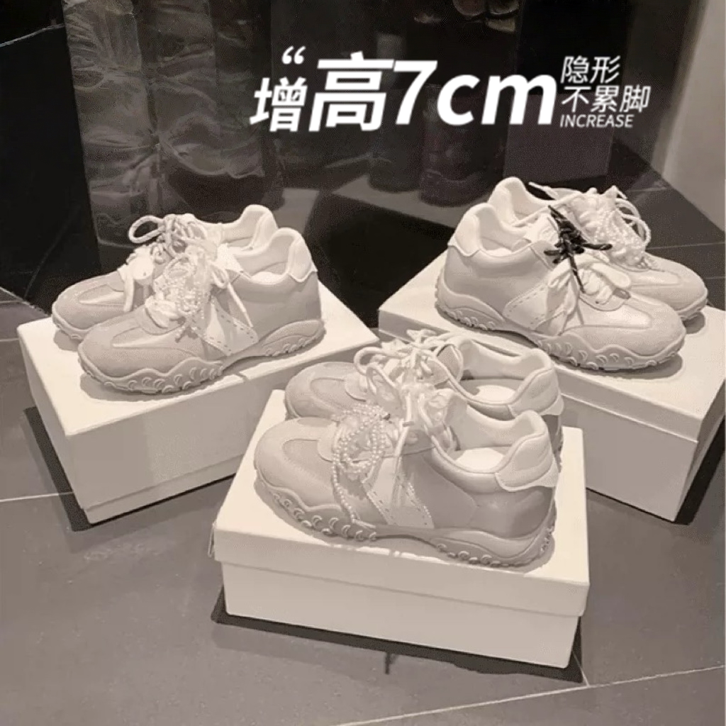厚底小个子增高7cm透气休闲鞋女丝光月牙珍珠蕾丝鞋带系带德训鞋