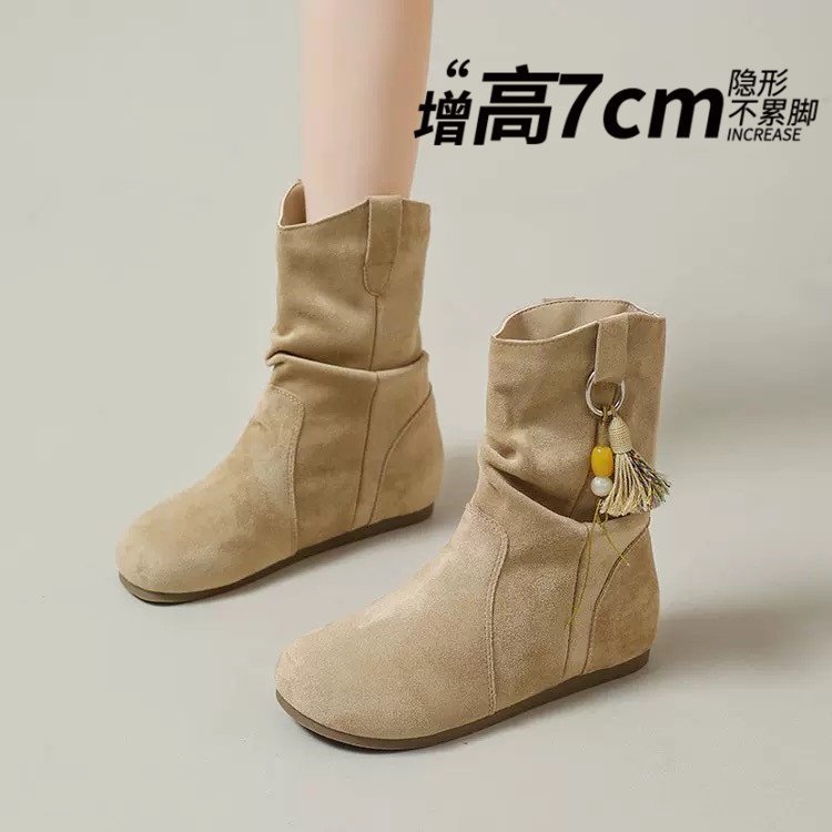 小个子内增高勃肯短靴女2025秋冬新款褶皱堆堆短筒西部马丁1113r