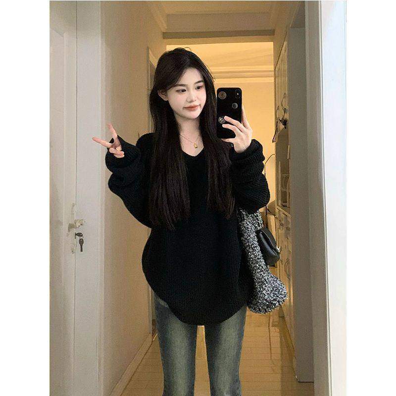 高级感超好看黑色V领针织毛衣秋冬女韩系慵懒风宽松休闲长袖上衣