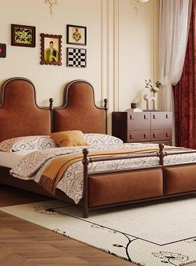 中古风绒布布皮艺床红色法式复古风主卧床1.8m双人床高箱储物软床