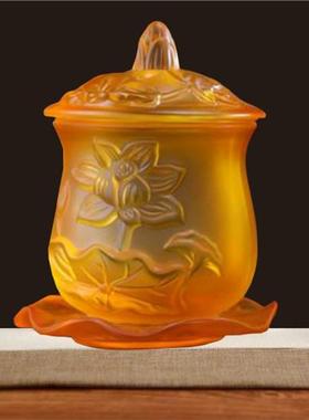 黄色家用佛堂供具圣水杯礼佛琉璃净水杯莲花供水杯寺庙供用婚庆