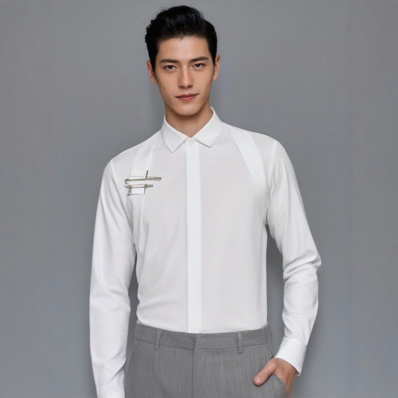 春秋新品U扣时尚男士长袖衬衫修身潮流百搭纯白黑色休闲男装衬衣