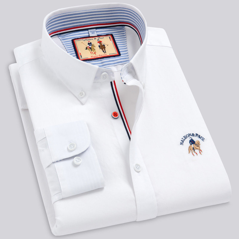 保罗牛津纺纯棉长袖衬衫男士中青年春秋款纯色百搭商务休闲衬衣男