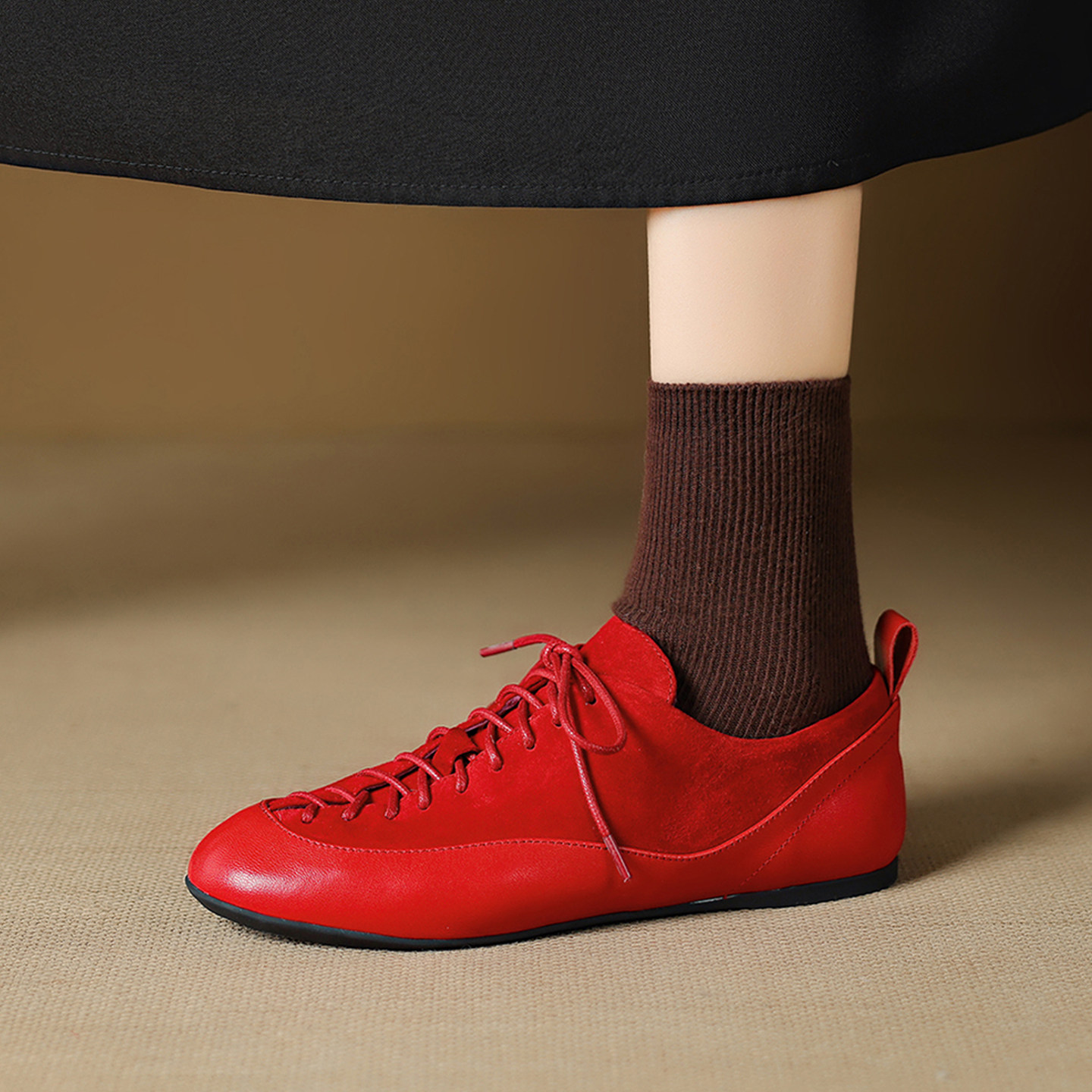 红色系带德训鞋女平底羊皮小皮鞋2026新款百搭时尚圆头深口单鞋子,女鞋,牛津鞋/布洛克鞋/德比鞋,淘宝优惠券,粉丝福利购,淘宝优惠卷