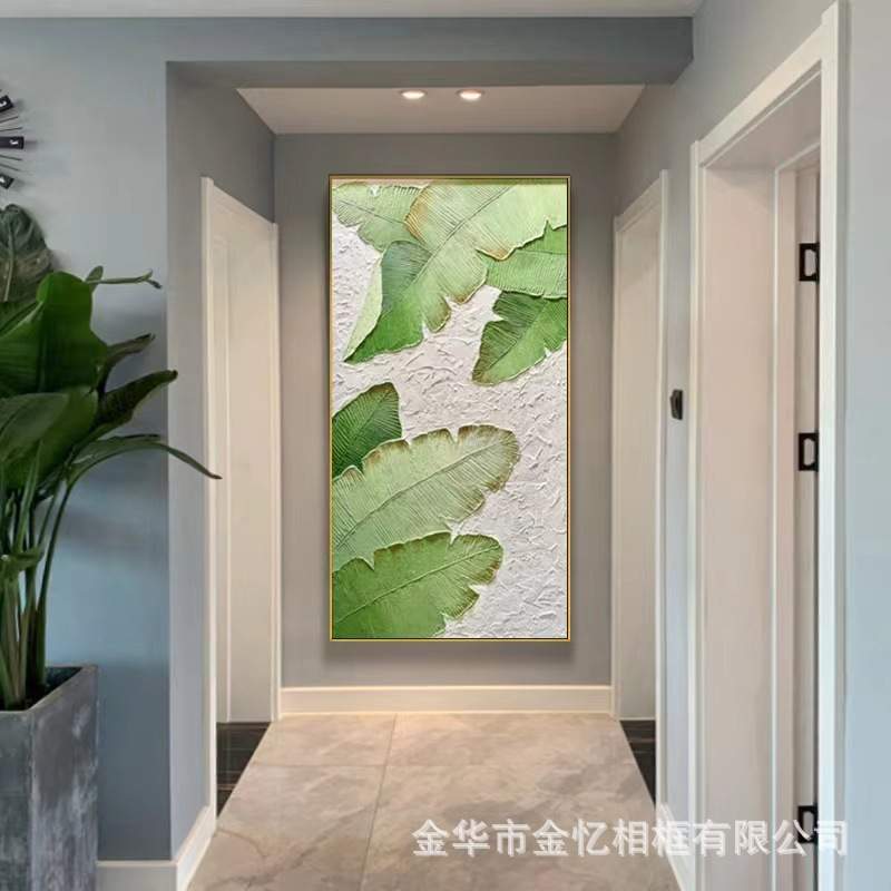 纯手绘立体肌理装饰画玄关叶子竖款大型油画高端现代金箔挂画图片