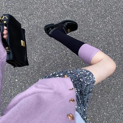 黑紫双色长筒堆堆袜子搭配乐福小皮鞋女拼接小腿长袜韩系中筒棉袜