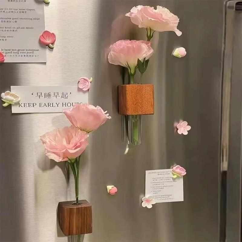 2025实木插花器磁吸冰箱贴新款创意车载装饰磁贴花瓶高级感