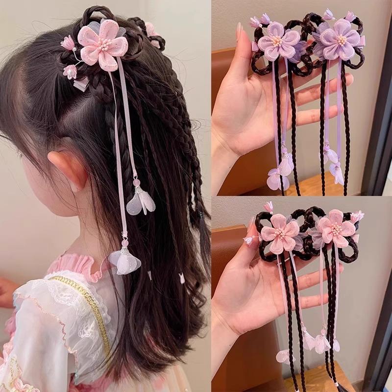 古风假发辫子发饰小女孩可爱花朵发卡儿童汉服头饰中国风女童发夹