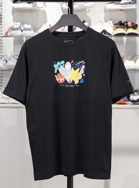 李宁正品运动男士时尚印花图案圆领针织透气柔软短袖T恤AHST459-4