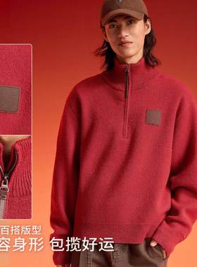 李宁正品2026春季男女款潮流宽松半拉链立领套头编织衫AMBW203