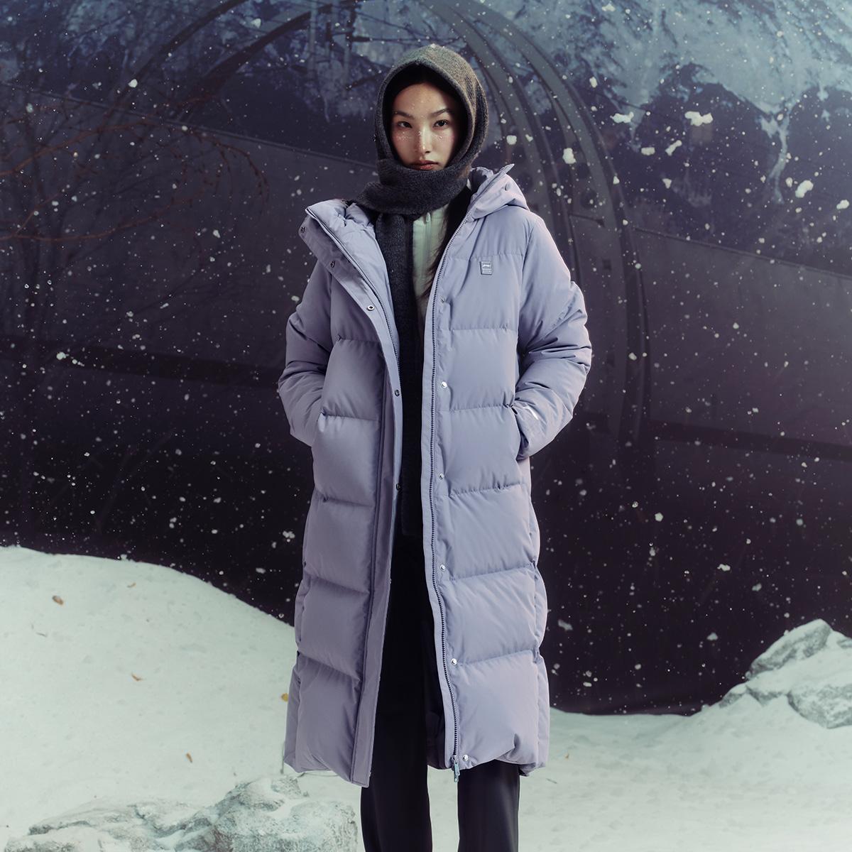 李宁正品火锅羽绒女子防泼水防风户外运动长款连帽羽绒服AYMV408