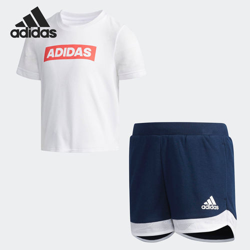 Adidas/阿迪达斯正品 当季女小童三条纹短袖短裤针织套装 DW4115