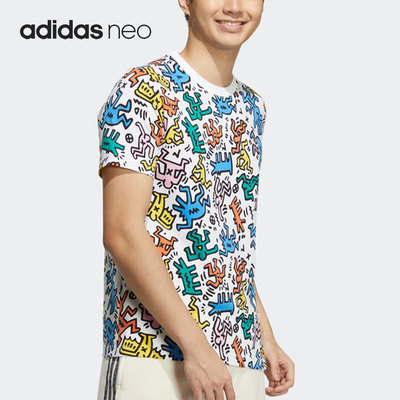 Adidas/阿迪达斯正品夏季新款男女时尚涂鸦阔腿短袖T恤HD7254