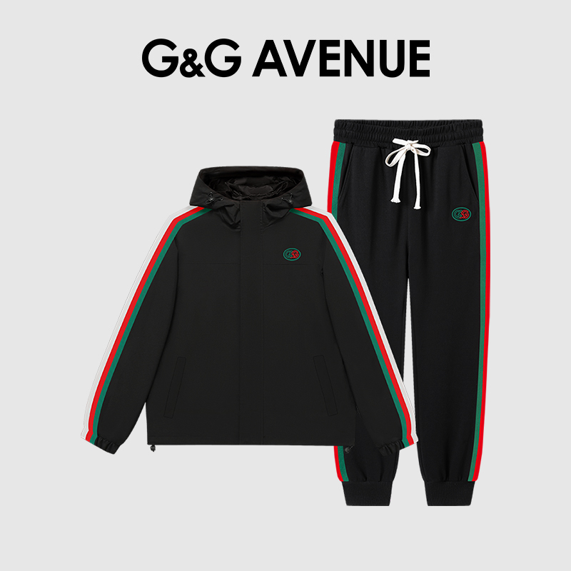 G&G 秋冬季时尚夹克套装男士连帽冲锋衣外套休闲运动拼接卫裤长裤