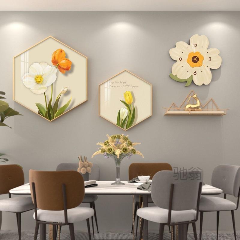 厂新麓r餐厅装饰画晶瓷小清新组合挂画创意花朵挂钟饭厅背景墙面图片