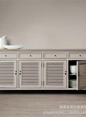 美实乡村木橡餐边柜式RXL简约储物茶水柜复古做旧白色木碗柜