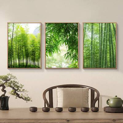 竹林挂画中式厅堂客厅三联风景装饰画办公室竹子招财竹报平安壁画