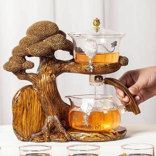 懒人防烫家用简约泡茶壶磁吸出水冲茶器 迎客松玻璃自动茶具套装