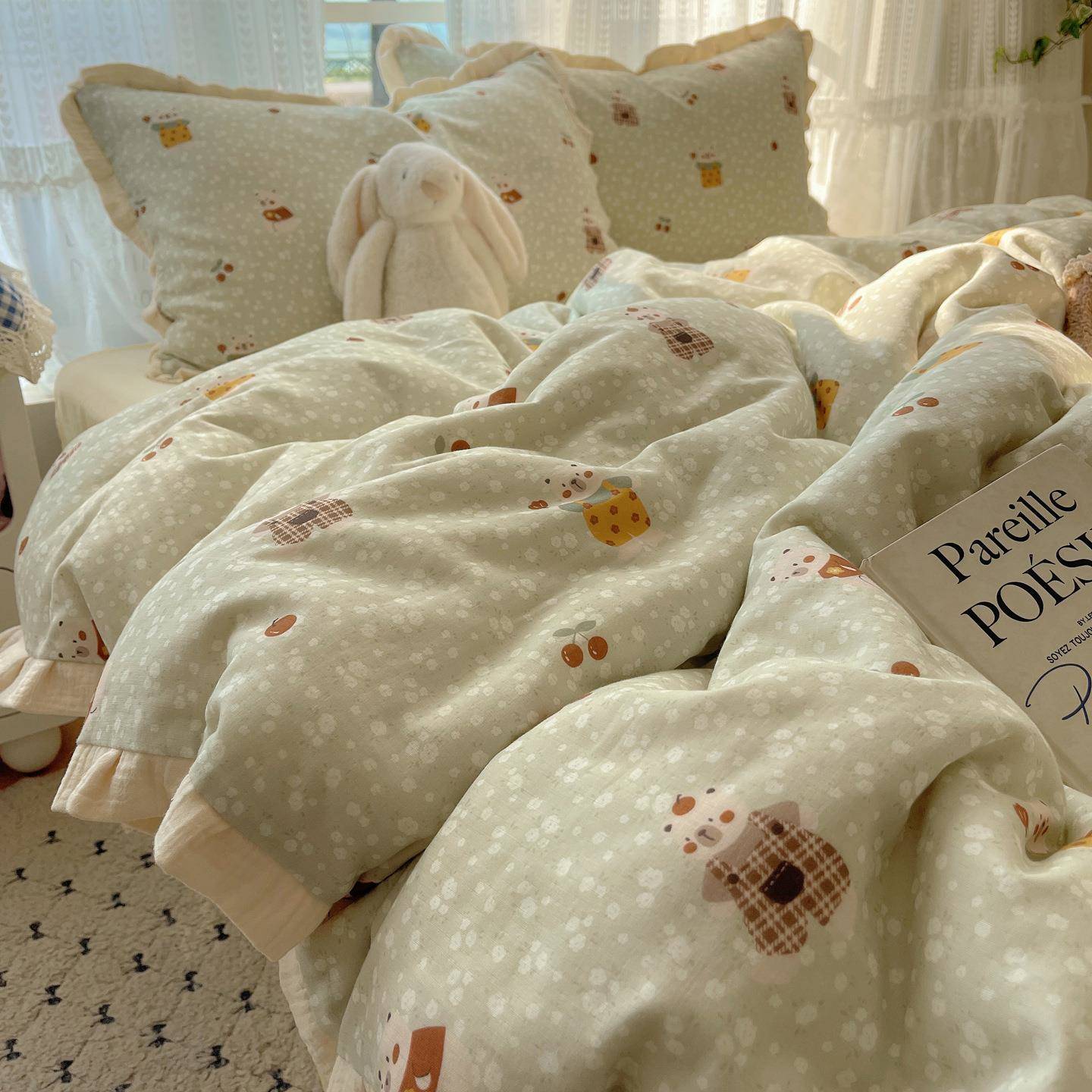 A类棉法式小清新水洗床床品四件套双层纱布边花单被套宿舍三件TQR