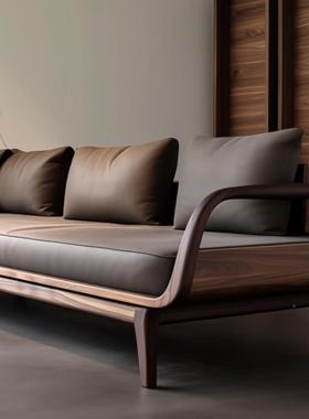 小现代轻奢黑胡桃木皮艺沙中发新式极简实木房户型LUY客厅书茶室