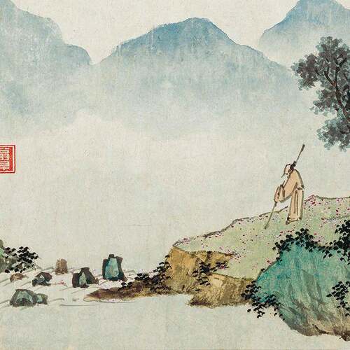 复明沈落花诗意轴周山水画挂轴条幅卷轴名画制品书PFX房玄关挂图