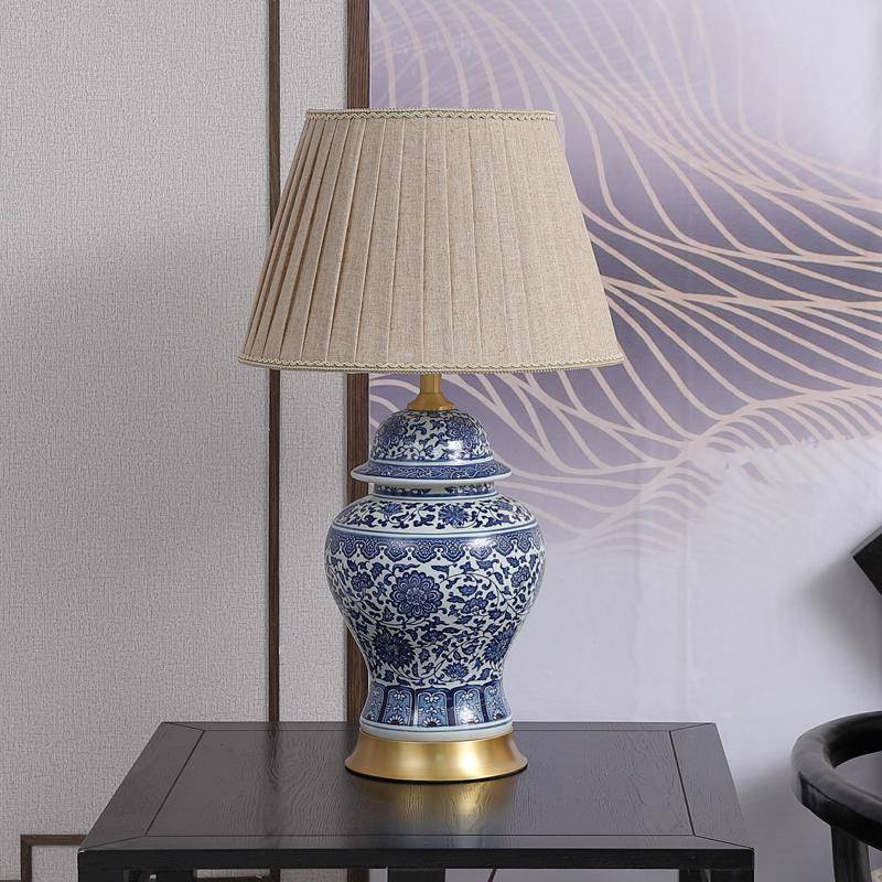 3Y复瓷风美式青花台全灯别墅客厅古角几铜陶瓷F769SSJT台灯中国风