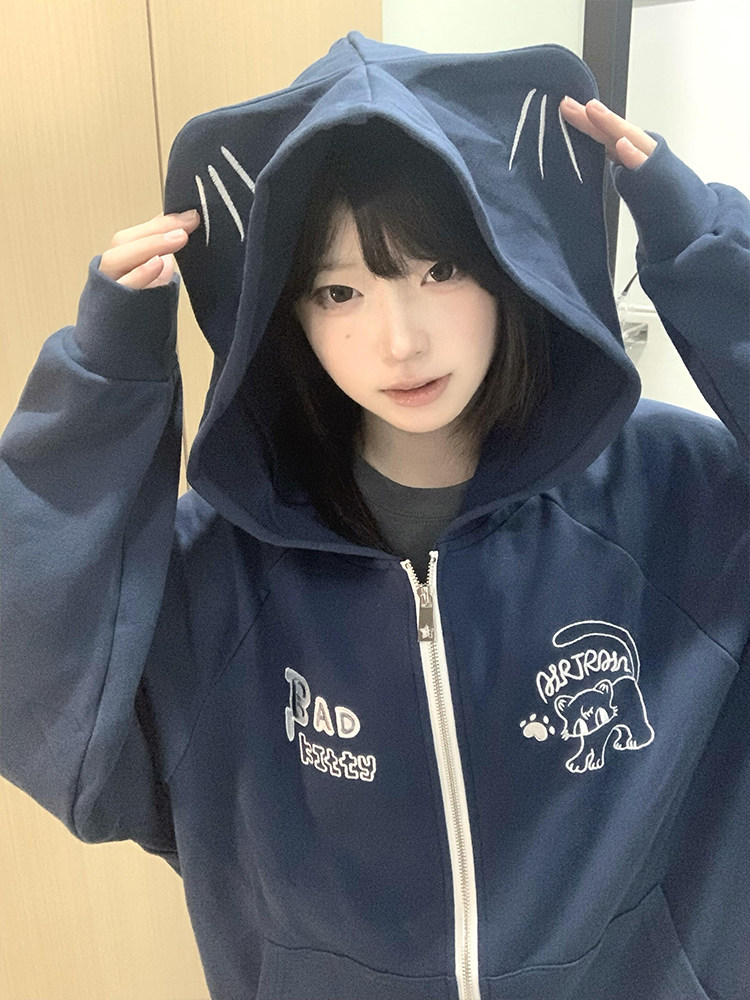 thumbnail for Embroidered hooded cat ears sweatshirt women's autumn and winter thin loose cardigan zipper design sense niche American coat