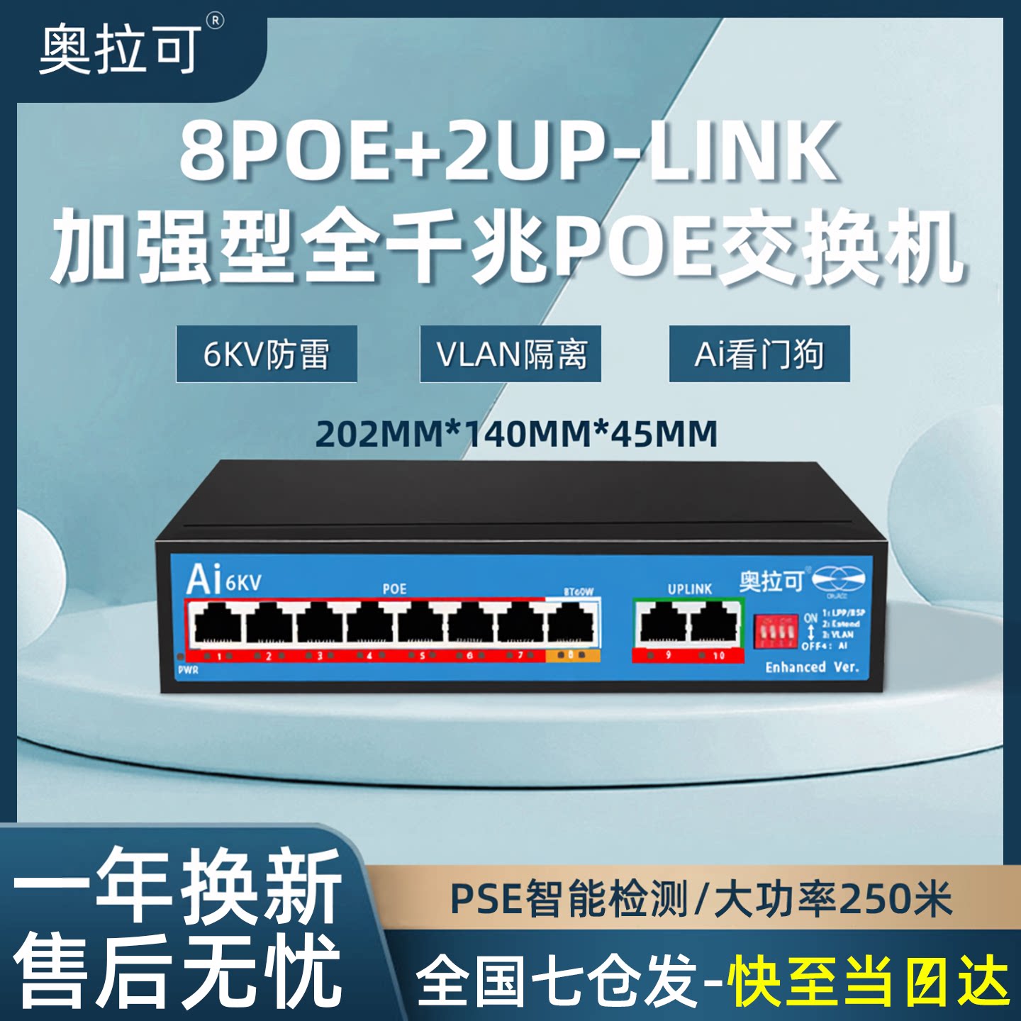 奥拉可大功率POE交换机百兆千兆4+2/8+2加强型防雷6KV单网口BT60W传输250米ai智能检测Vlan隔离6口10口交换机