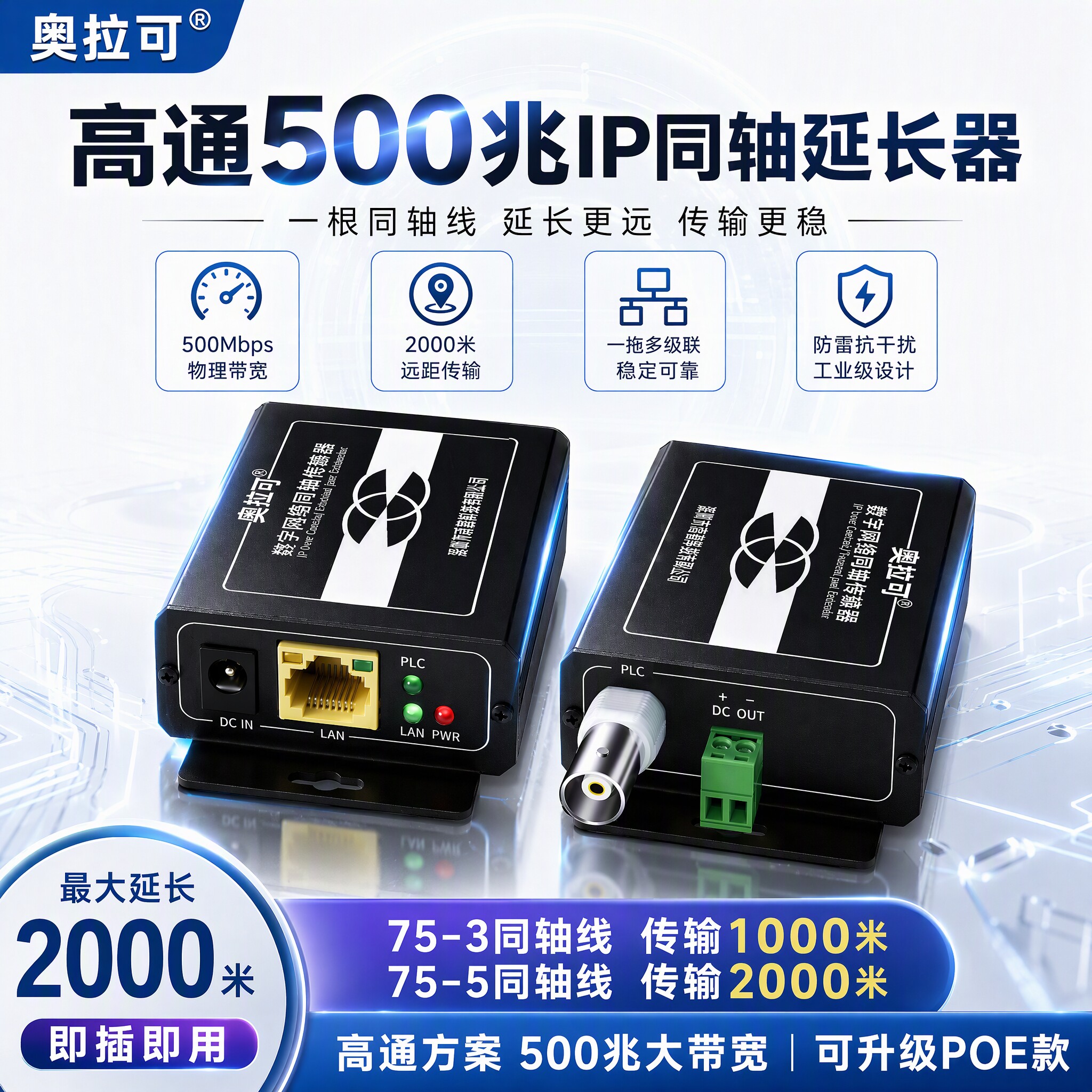 奥拉可:IP网络同轴传输器网络延长器扩展器POE免供电电梯监控模拟升级网络高清POC单边供电网络转双绞线传输