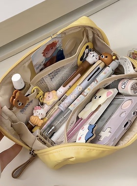 小红书同款黄色奶fufu面包笔袋ins简约高颜值大容量多隔层文具袋