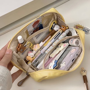 小红书同款黄色奶fufu面包笔袋ins简约高颜值大容量多隔层文具袋