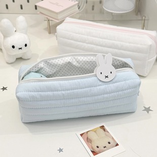 简约奶油波点方方笔袋初中女生ins风盐系高颜值大容量文具收纳袋