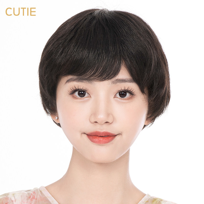 娇滴滴假发 女士真人发丝微卷短直发 自然手织顶心短款妈妈假发套