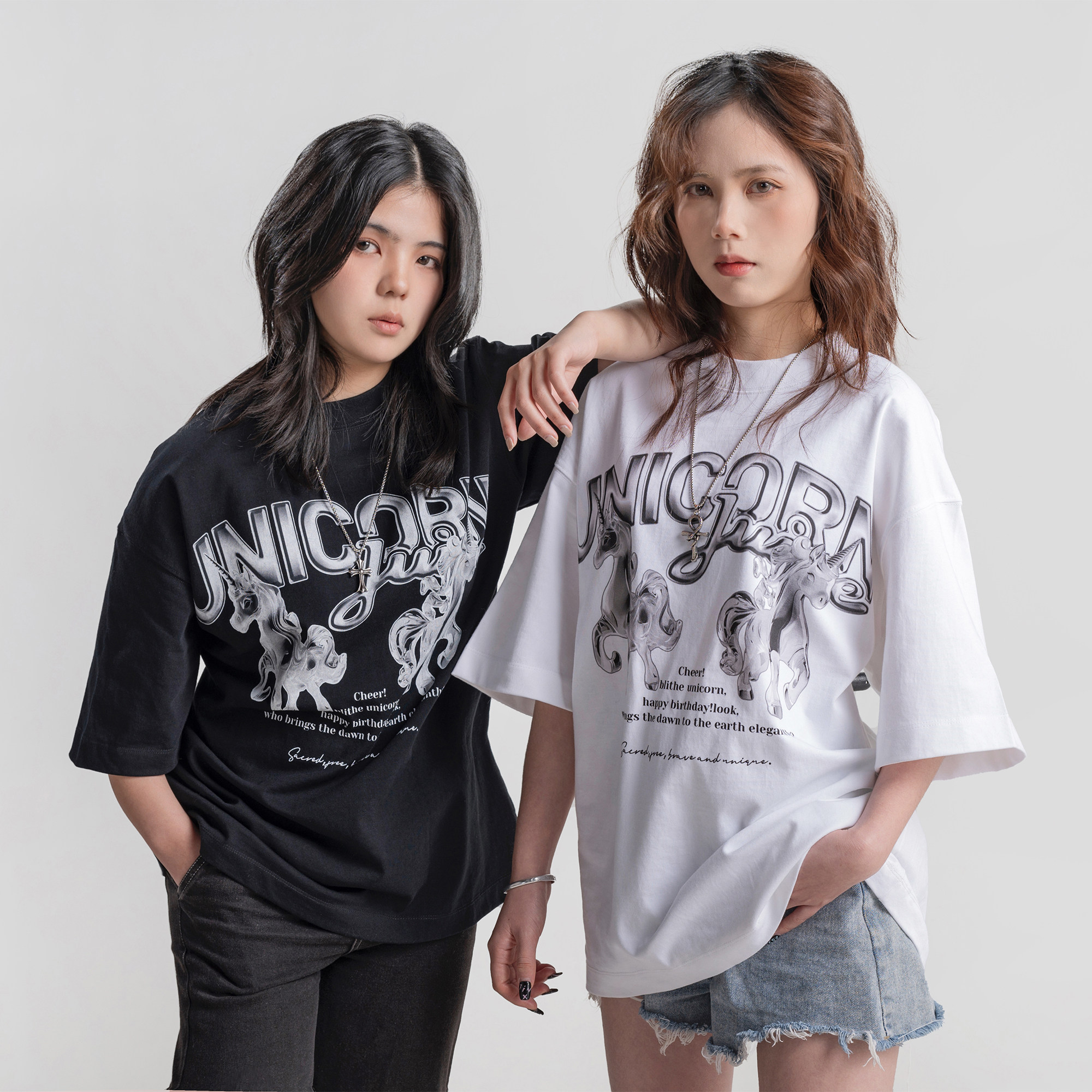 JuiceUnicorn 25夏重磅纯棉落肩短袖男女情侣闺蜜美式潮牌高街T恤
