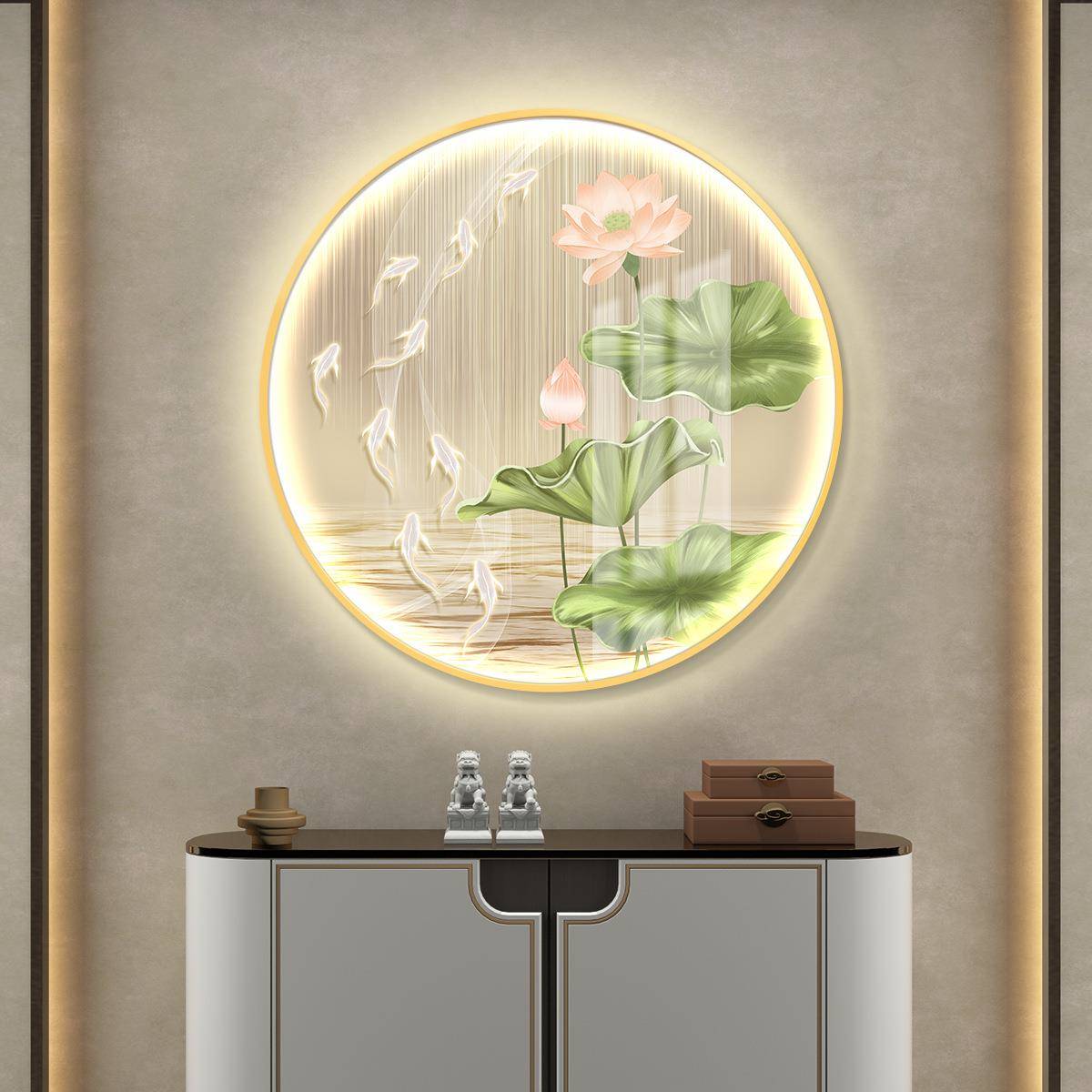 led带灯轻奢圆形入户玄关装饰画荷花鱼图走廊过道挂画餐厅壁画